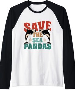 Retro Vintage Style - Save The Sea Pandas - I Love Orca Raglan Baseball Tee