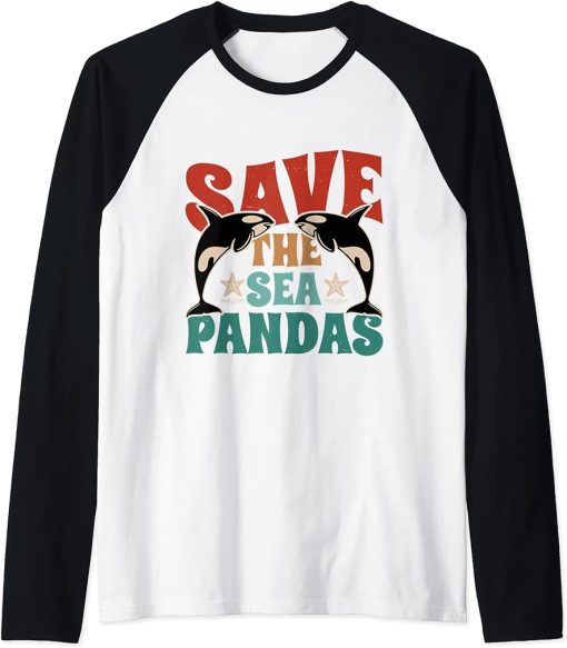 Retro Vintage Style - Save The Sea Pandas - I Love Orca Raglan Baseball Tee