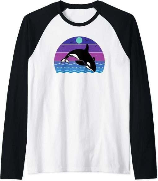 Vintage Retro Orca Whale Watchers Graphic Raglan Baseball Tee