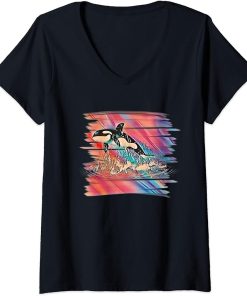 Womens Orca Motif Whale Ocean Predator Design Animals Orcas V-Neck T-Shirt