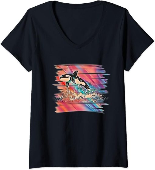 Womens Orca Motif Whale Ocean Predator Design Animals Orcas V-Neck T-Shirt