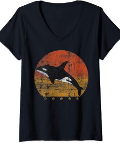 Womens Retro Vintage Sunset Orca Killer Whale - Distressed Graphic V-Neck T-Shirt