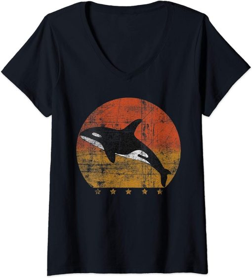 Womens Retro Vintage Sunset Orca Killer Whale - Distressed Graphic V-Neck T-Shirt