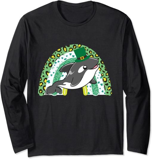 St. Patrick"s Day Orca Green Rainbow Four Leaf Clover Long Sleeve T-Shirt