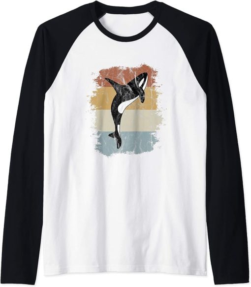 Retro Orca Sea Panda Vintage Killer Whale Silhouette Raglan Baseball Tee