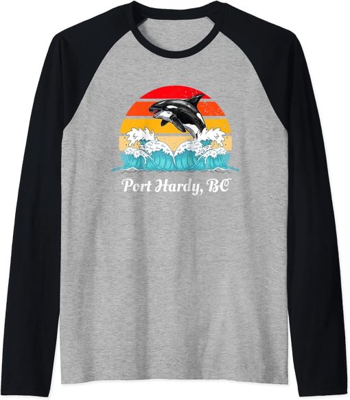 Vintage Port Hardy BC Distressed Orca Killer Whale Art Raglan Baseball Tee